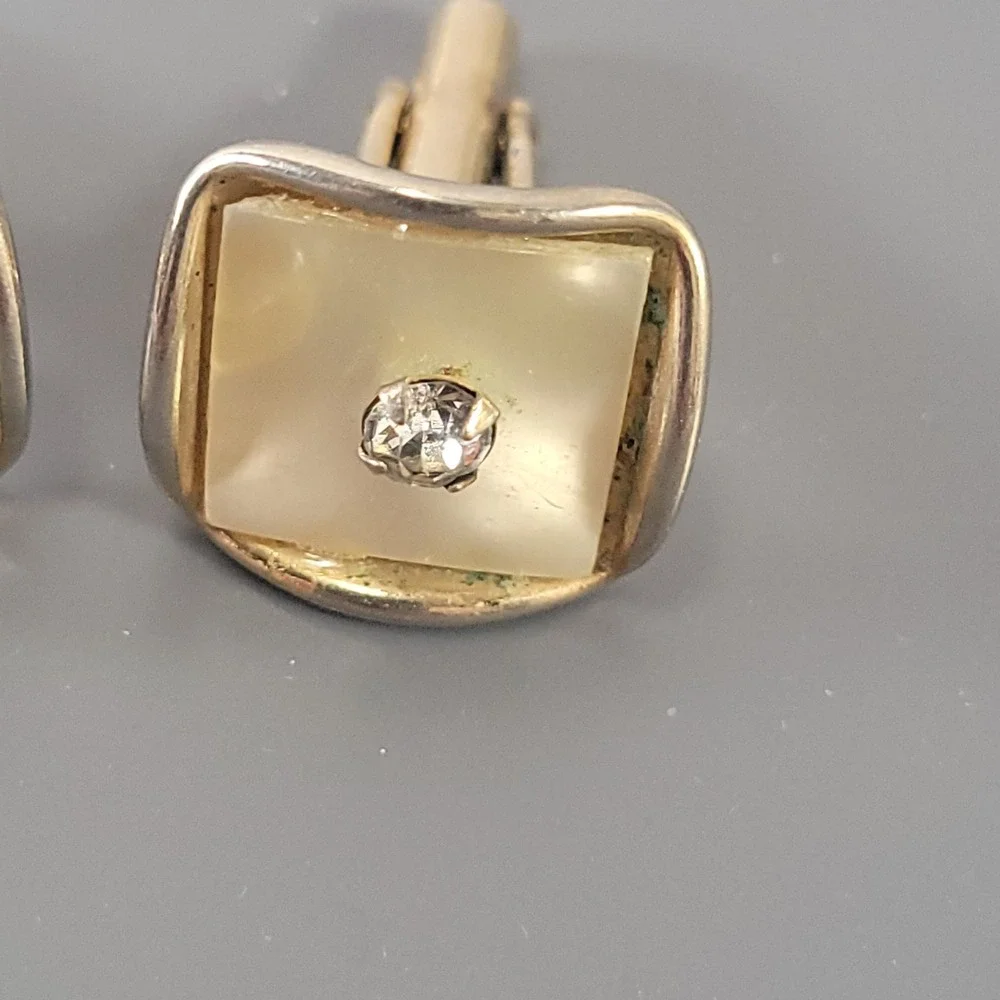 Vintage Gold Tone‎ Cufflinks Mother of Pearl Rhinestone Square Mens Formal